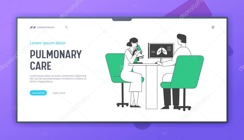 Lung Diagnosis Website Landing Page. Pulmonology Doctors Checking Lungs Watching to Microscope and Learning X-rays Image on Computer Screen Web Page Banner. Cartoon Flat Vector Illustration, Line Art