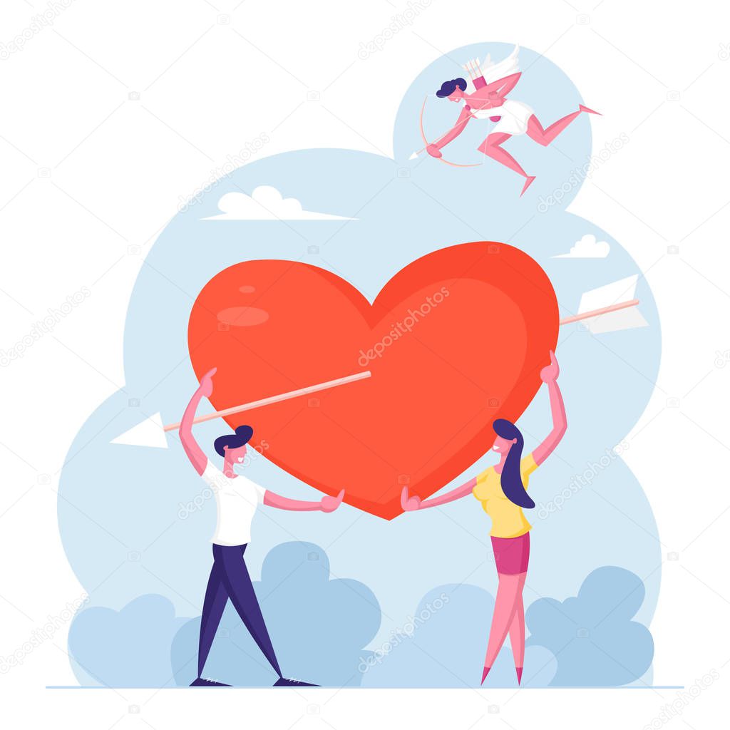 Man and Woman Fall in Love Concept. Cheerful Cupid Flying in Sky with Bow Aiming to People. Young Male and Female Characters Share Huge Red Heart Pierced with Arrow. Cartoon Flat Vector Illustration