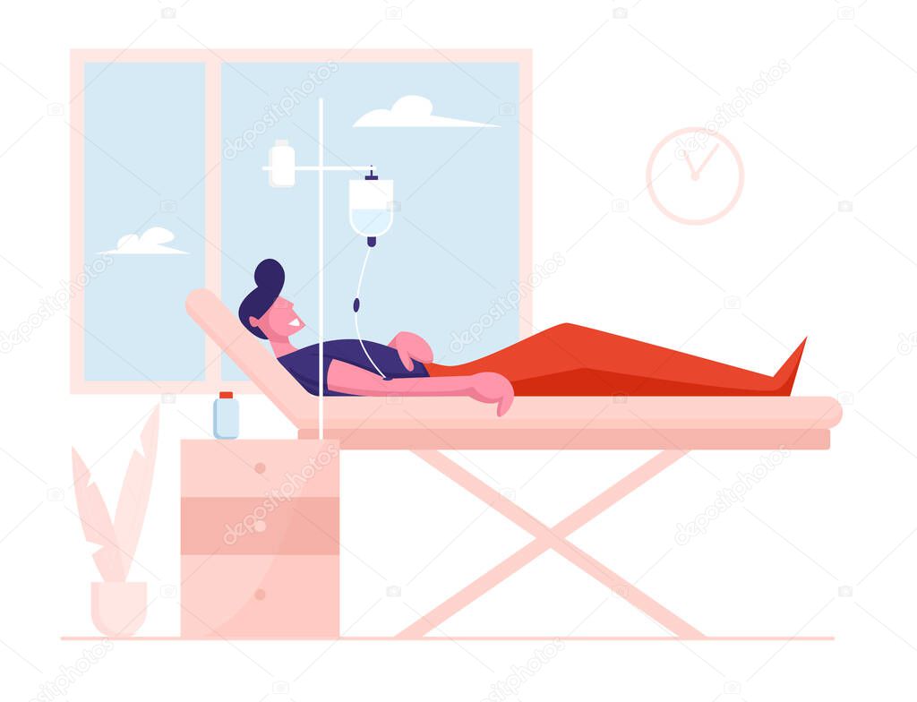 Healthcare Concept. Sick Injured Patient Lying in Medical Bed with Dropper. Clinic Ward Hospital Interior, Recovery after Disease or Intoxication, Fight for Life. Cartoon Flat Vector Illustration