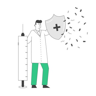 Epidemiyoloji ve Aşı Konsepti. Doktor Kocaman Şırınga ve Kalkan Bakterileri Haç İşareti Koruması Altında. Virüs Enfeksiyonunu Önleme ve Koruma Çizgi Filmi Düz Vektör İllüstrasyonu, Çizgi Sanat