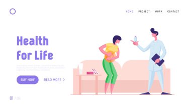 Hastalık ve Hastalık Sitesi İniş Sayfası. Karın Ağrısı Olan Genç Hastalıklı Kadın İlaç İlaçları İçin Ev Doktoru Hizmetlerini Arıyor İnternet Sayfası Afişi. Çizgi film Düz Vektör İllüstrasyonu