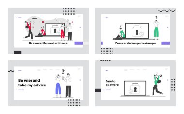 Kullanıcılar Kayıp Hesap Parolası Web Sitesi İniş Sayfasını Hatırlamaya Çalışıyor. İnternet Profili Koruma, Siber Güvenlik, Unutulmuş Şifre Yardım Web Sayfası Afişi. Çizgi film Düz Vektör İllüstrasyonu, Satır Sanatı