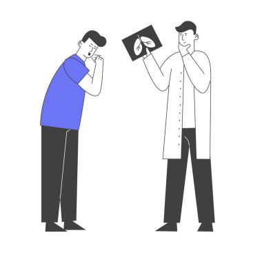 Pulmonoloji Teftişi, Solunum Sistemi Muayenesi Sağlık ve Tüberküloz Tedavi Konsepti. Doktor, Hastalıklı Ciğerlerin X-ray 'ine bakın. Arama Sorunları Çizgi Filmde Düz Vektör İllüzyonu, Çizgi Sanat