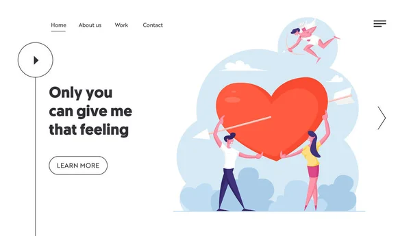 Man and Woman Fall in Love Site Landing Page. Joyeux Cupidon volant dans le ciel avec arc visant les gens. Jeune couple Partager Énorme coeur rouge avec flèche Page Web Bannière. Illustration vectorielle plate de bande dessinée — Image vectorielle