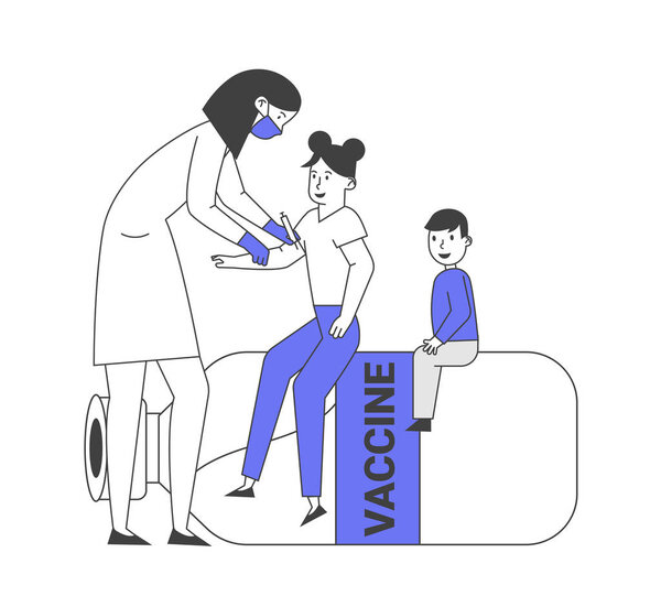 Child Vaccination and Immunization Procedure. Doctor Put Injection to Kids Sitting on Huge Vaccine Bottle. Medic Shoot Medicine to Little Patient Shoulder Cartoon Flat Vector Illustration, Line Art