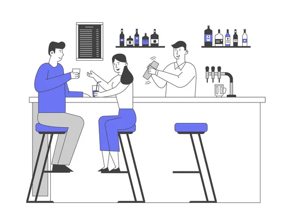 Lidé navštěvují noční klub koncepce. Mužské a ženské postavy sedět na vysokých židlích pití nápojů na baru pultu s Barman dělat koktejl v restauraci Cartoon Flat Vector Ilustrace, Line Art — Stockový vektor