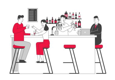 Bar Rekreasyon Konsepti. Pub 'a gelen insanlar, Yüksek Sandalyelerde oturan, tezgahta alkol içen, laptopta çalışan iş adamı, Kokteyl Çizen Barmen Düz Vektör İlülasyonu, Çizgi Sanat Çizgisi
