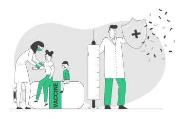 Tıbbi Aşı Konsepti. Doktor Tutucu Kalkan ve Şırınga Koruyucu Hemşire Virüslerden Korunan Çocuklara Aşı Tozu Yapıyor. Sağlık Dokunulmazlığı Çizgi Filmi Düz Vektör İllüstrasyonu, Satır Sanatı