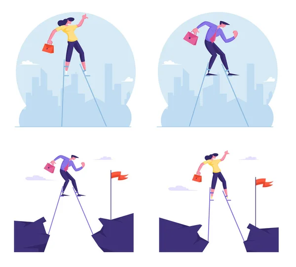 Set of Businesspeople Overcoming Obstacles Crossing Abyss on Stilts to Get Red Flag and Achieve Goal. Career Boost, Task Solution, Business Competition, Leadership Cartoon Flat Vector Illustration — Stock Vector