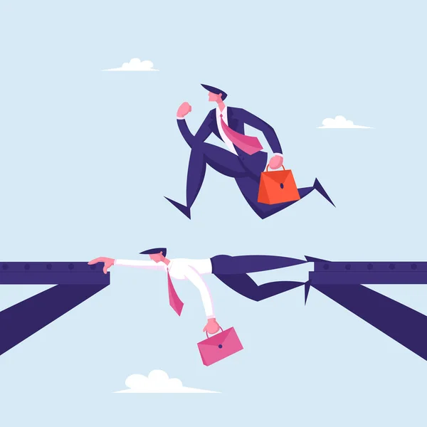 Business Man Careerist, Social Climber with Brief Case Running over Head of Businessman Colleague Like on Bridge. Leadership Challenge, New Opportunity Success Concept Cartoon Flat Vector Illustration — Stockový vektor