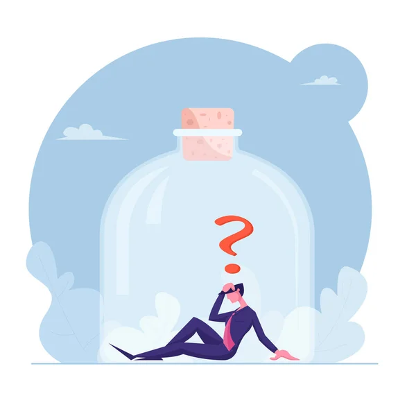 Stressed Depressed Businessman Trapped Inside Jar Gesloten met Cork Sit on Bottom met Question Mark boven Head. Frustratie, Arbeidsprobleem, Hopeloze Situatie Concept Cartoon Flat Vector Illustratie — Stockvector