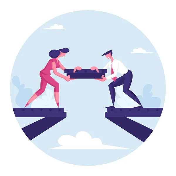 Team Work Metaphor. People Put Piece of Metal Construction for Making Bridge. Teamwork Cooperation. Male and Female Characters Partnership and Compromise in Business. Cartoon Flat Vector Illustration — 스톡 벡터