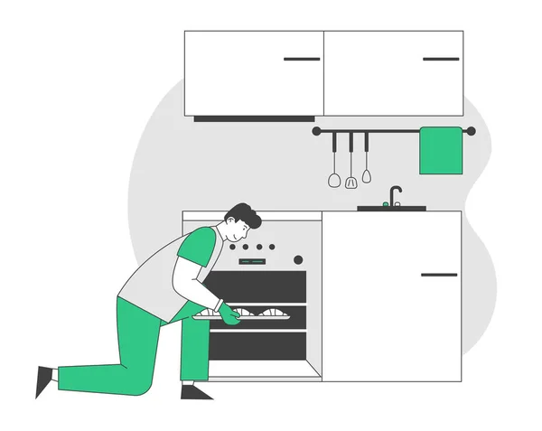 Mann bei Haushaltstätigkeiten. männlichen Charakter Kochen backt rohe Brötchen in den Ofen auf Küche, kulinarische Erfahrung, Housekeeping-Management, Pflichten und Hausarbeiten Cartoon flache Vektorillustration, Zeilenkunst — Stockvektor