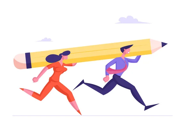 Businesswoman and Businessman Carry Huge Pencil on Shoulders Racing to Success. Business Competition, Creative Idea, Project Planning and Office Daily Routine Concept Cartoon Flat Vector Illustration — 스톡 벡터