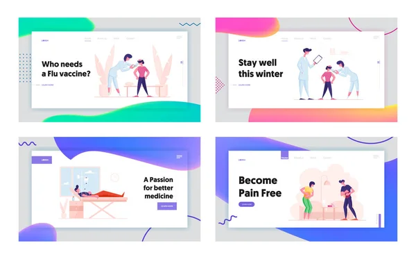 Вакцинація Госпіталізація та Лікування Веб-сайт Landing Page Set. Доктор вводить вакцину дитині, чоловік лежить з дроппером у клініці, жінка болить веб-сторінка Банер. Мультфільм плоский Векторні ілюстрації — стоковий вектор