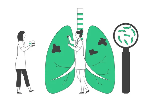 Concepto del Día Mundial de la Tuberculosis. Doctor con lupa Busca bacterias y micobacterias en los pulmones, escuchando respiración con estetoscopio. Enfermera traer medicina de dibujos animados plana Vector Ilustración, Línea de Arte — Vector de stock