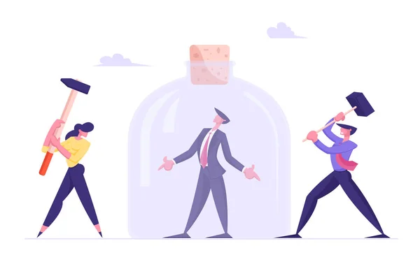 Empresário problemático preso num frasco fechado. Colegas de homem e mulher perfuram vidro com martelos. Tarefa difícil, Prazo de estresse, Frustração do trabalhador de escritório, Carreira Burnout Cartoon Flat Vector Ilustração — Vetor de Stock