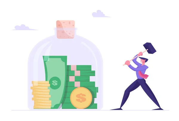 Concepto de ahorro de dinero. Hombre de negocios golpeando enorme tarro de vidrio con martillo va a tomar monedas y facturas de Moneybox. Depósito de inversión financiera, problemas financieros. Dibujos animados plana Vector Ilustración — Vector de stock