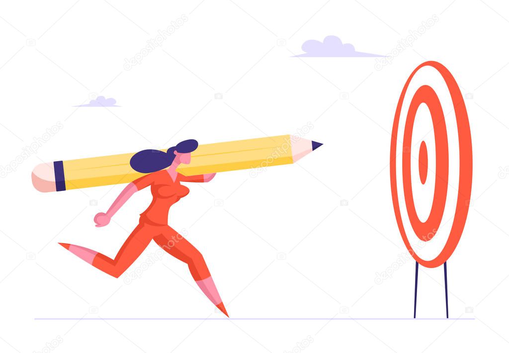 Purposeful Business Woman or Manager Throw Huge Pencil to Aim for Working Success and Goal Achievement. Girl Reach New Level Development, Career Boost, Finance Growth Cartoon Flat Vector Illustration