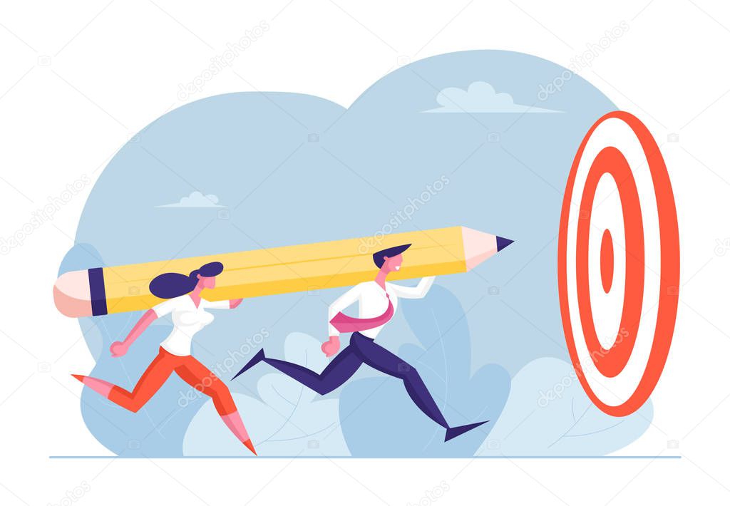 Couple of Cheerful Business Man and Woman Characters Trowing Huge Pen to Target. Office Routine, Workers Career Boost, Start Up Project. Businesspeople Achieve Goal Cartoon Flat Vector Illustration