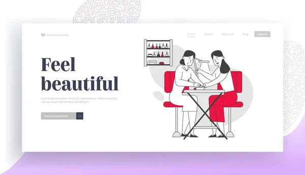Woman Visit Beauty Salon Website Landing Page. Master Doing Manicure Procedure for Girl. Fashion Spa Body Care Club with Professional Devices Web Page Banner. Cartoon Flat Vector Illustration Line Art — 스톡 벡터