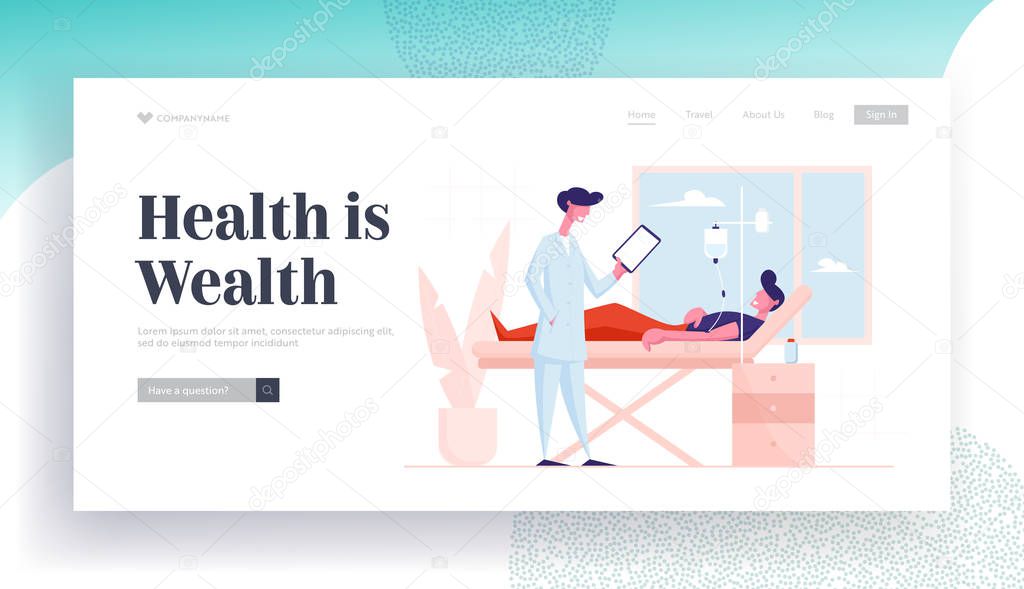 Health Care Appointment Website Landing Page. Man Lying in Clinic Department Chamber in Hospital Apply Dropper Treatment. Doctor Stand near Patient Bed Web Page Banner Cartoon Flat Vector Illustration