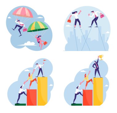 Set Businesspeople Falling Down with Parachute, Walking on Stilts and Climbing Up by Column Chart. Business People Teamwork, Skydivers Risk Danger and Safety Concept. Cartoon Flat Vector Illustration vector