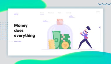 Para tasarrufu, Finansal Yatırım Mevduatı, Mali Sorunlar Web Sitesi İniş Sayfası. İşadamı Çekiçle Büyük Cam Kavanozu Vuruyor Cash Web Sayfası Sancağını alacak. Çizgi film Düz Vektör İllüstrasyonu