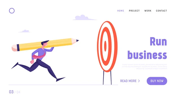 Aim Achievement Mission, Opportunity Challenge Website Landing Page. Business Strategy Goal Setting. Businessman Throwing Huge Pencil to Target Center Web Page Banner. Cartoon Flat Vector Illustration — 스톡 벡터