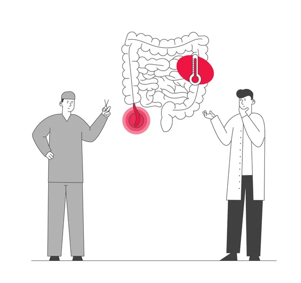 Médico y Cirujano están en Intestinos Humanos con Dolor Apéndice Infografías Decidir la Estrategia de Tratamiento. Dolor abdominal, enfermedad del sistema gastrointestinal Dibujos animados plana Vector Ilustración Línea Arte — Archivo Imágenes Vectoriales