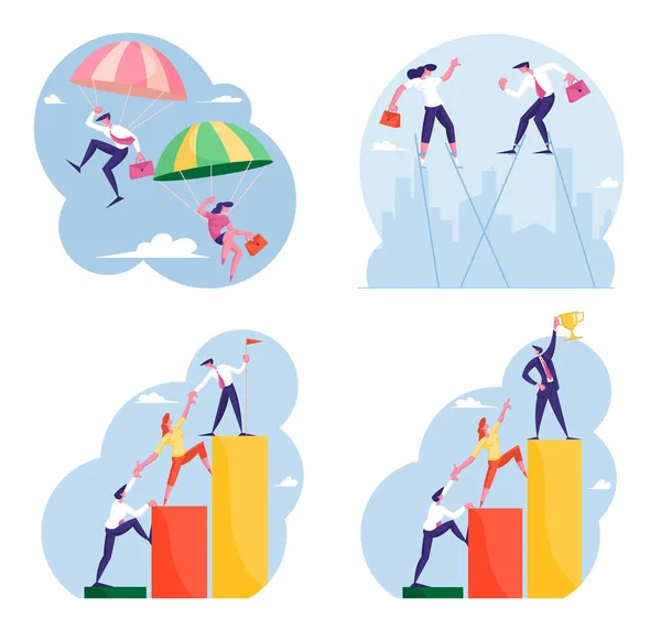 Zakenmensen laten vallen met een parachute, wandelen op Stilts en klimmen door Column Chart. Business People Teamwork, Skydivers Risico Gevaar en Veiligheid Concept. Cartoon Flat Vector Illustratie — Stockvector