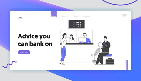 アカウント管理、金融電子商取引システムサービスウェブサイトランディングページ。人々は銀行キューで待ちます表示番号ボードのウェブページバナーを見てください。漫画フラットベクトルイラスト,ラインアート — ストックベクタ