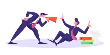 Öfkeli Patron Karakteri, Personel Ofisi İşçisine, Döküman Yığını İle Yerde Oturan İşadamı Stresli İş Adamı ya da Zorba Durum Çizgi Filmi Düzey Vektör İllüstrasyonuna Bağırıyor