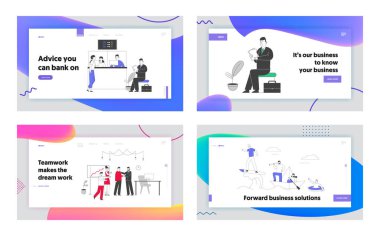 Bankacılık Sistemi 'ndeki Çağdaş Teknolojiler ve İş Sitesi İniş Sayfası Set. Elektronik Kuyruk Web Sayfasında Müşteri ya da İş Adamı Bekliyor. Çizgi film Düz Vektör İllüstrasyonu, Satır Sanatı