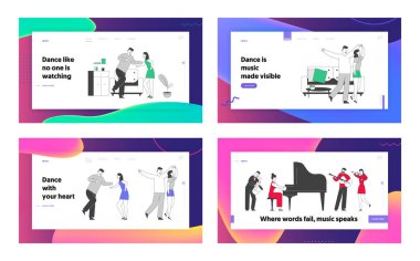 People Active Lifestyle, Leisure and Musical Hobby Time Web Sitesi İniş Sayfası Seti. Erkek ve Kadın Dansı, Sahne Ağı 'nda Orkestra Sahnesi. Çizgi film Düz Vektör İllüstrasyonu, Satır Sanatı