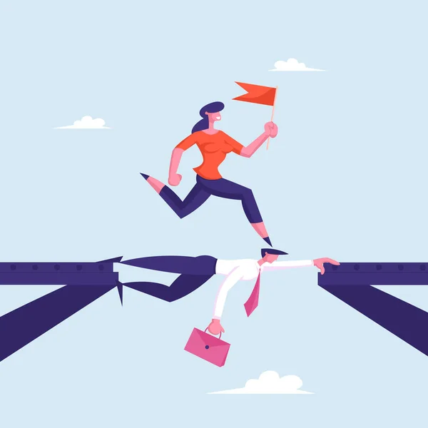 Zakelijke vrouw met rode vlag in handen Overwin Broken Bridge Going by Back of Businessman tegenstander. Uitdaging, Social Climber, Careerist Reach Goal Loop over hoofden Cartoon Flat Vector Illustratie — Stockvector