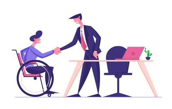 Zdravotně postižený muž v invalidním vozíku potřesení rukou s partnerem nebo Boss v kanceláři, pronájem v práci, Share Creative Idea a názor. Zaměstnání tělesně postižených pracovníků. Cartoon Flat Vector Illustration — Stockový vektor