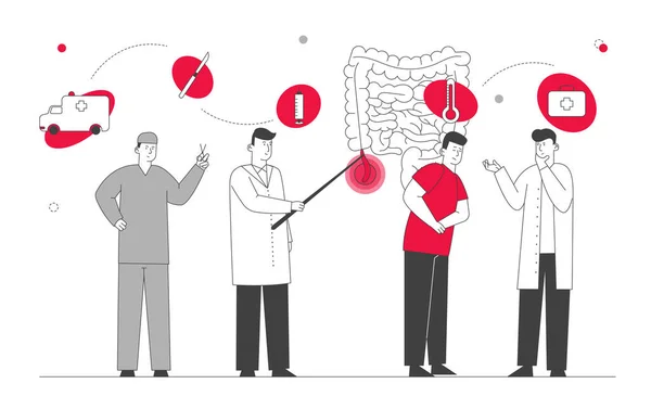 Dodatek Pojem bolesti a zánětu slepého střeva. Lékař a chirurg Nápověda Muž se zánětem střev a příznaky bolesti břicha. Nápověda při mimořádných událostech, Ploché vektorové ilustrace chirurgických karikatur, Čárové umění — Stockový vektor