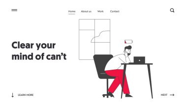 Aşırı Yorgunluk Yorgunluğu, Depresyon Sitesi İniş Sayfası. Düşük Hayat Enerjisi Enerjisi ile Üzgün İş Adamı Çok Çalışan Web Sayfası Afişi. Çizgi film Düz Vektör İllüstrasyonu, Satır Sanatı