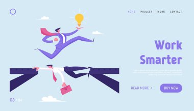 Creative Idea, Challenge, New Opportunity, Success Website Landing Page. Business Man with Glowing Light Bulb Run over Head of Businessman Colleague Web Page Banner. Cartoon Flat Vector Illustration