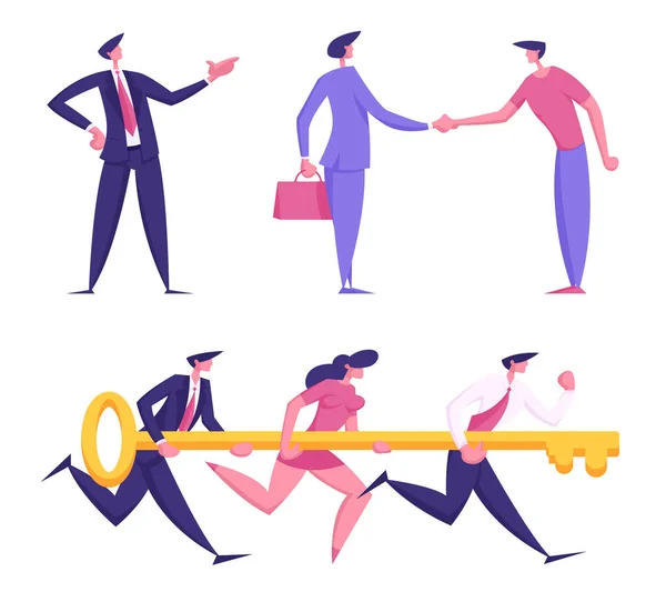 Conjunto de hombres y mujeres de negocios personajes estrechando las manos con socios de negocios, corriendo juntos colgando enorme llave de oro aislado en fondo blanco. Trabajo en equipo Dibujos animados plana Vector Ilustración — Archivo Imágenes Vectoriales