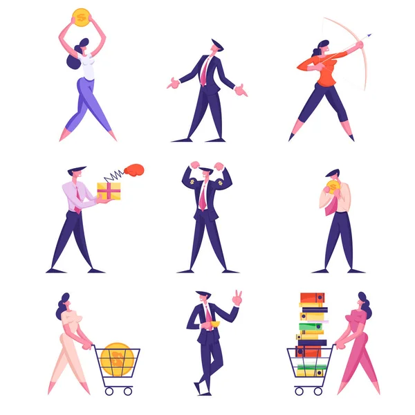 Set Businesspeople Lifestyle. Hombres personajes femeninos disparar con arco, Lucha con guante de boxeo, Recoger dinero, Ocupado en el trabajo, Pausa para café aislado sobre fondo blanco Dibujos animados plana Vector Ilustración — Vector de stock