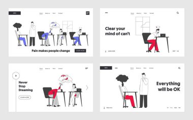Business Overload and Tiredness Website Landing Page Set. Tired Businesspeople Solving Problems at Work Having Working Burnout Symptoms Web Page Banner. Cartoon Flat Vector Illustration, Line Art
