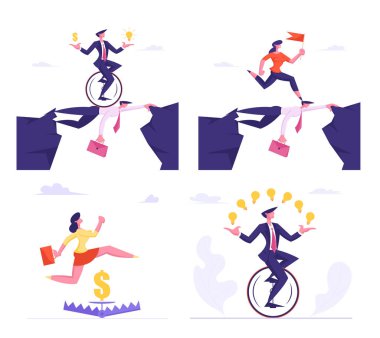 Set of Businesspeople Overcome Difficulties Male and Female Characters Crossing Abyss over Head of Colleague, Jump over Trap, Riding Monowheel Bike on White Background Cartoon Flat Vector Illustration