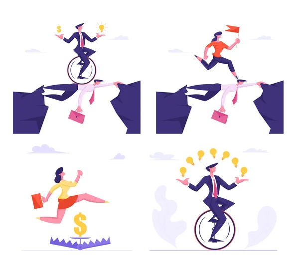 Set of Businesspeople Overcome Difficulties Male and Female Characters Crossing Abyss over Head of Colleague, Jump over Trap, Riding Monowheel Bike on White Background Cartoon Flat Vector Illustration — ストックベクタ