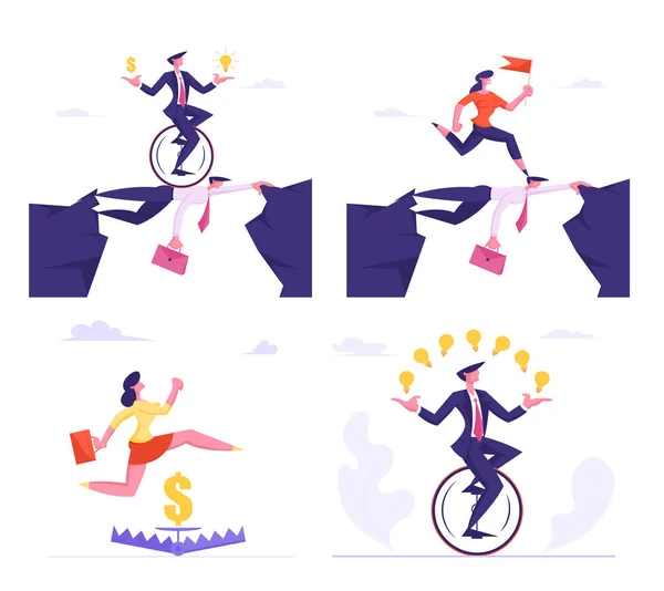 Serie di uomini d'affari Superare le difficoltà Personaggi maschili e femminili Attraversare l'abisso sopra la testa del collega, Saltare oltre la trappola, Cavalcare la bici monoruota su sfondo bianco Cartoon Flat Vector Illustrazione — Vettoriale Stock