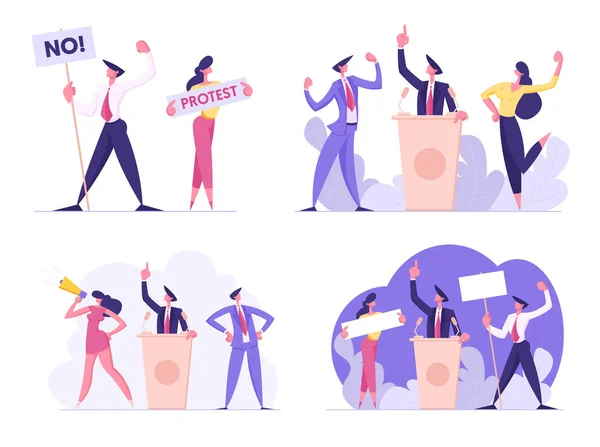 Set of Businesspeople Voting and Election, Pre-election Campaign, Promotion and Advertising of Candidate. Citizens Debating, Holding Empty Banners Political Discussion Cartoon Flat Vector Illustration — Stok Vektör