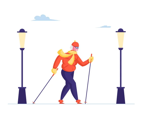 Senior Lady Walking with Scandinavian Sticks on White Background with City Lamps. Outdoor Fitness Activity, Healthy Lifestyle and Sport Life, Old Woman Sports Exercise Cartoon Flat Vector Illustration — 스톡 벡터