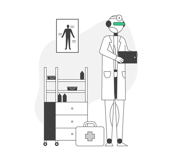 Concetto di medicina moderna. Robot che indossa un camice medico bianco in attesa di paziente in ospedale. Trattamento di diagnosi delle tecnologie astute di intelligenza artificiale, illustrazione piatta del vettore del fumetto, linea arte — Vettoriale Stock