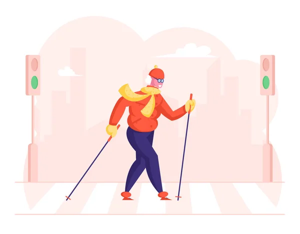 Senior Lady Walking with Scandinavian Sticks Crossing Crossroad at City. Actividad al aire libre de la aptitud, estilo de vida saludable y vida deportiva, vieja mujer mañana ejercicio deportivo Dibujos animados plana Vector ilustración — Archivo Imágenes Vectoriales